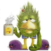 Funny faced monster with coffee cup in house slippers [CC]