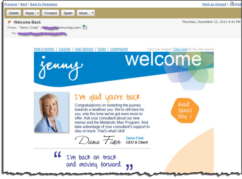 Welcome Back to Jenny Craig Email