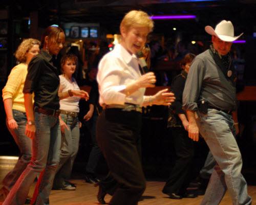 Group Line Dance Class in a Night Club (CC)