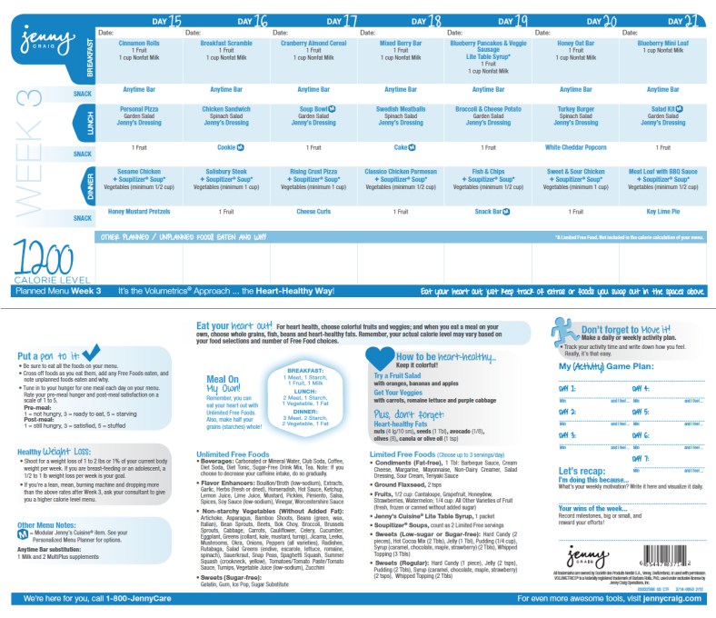 Jenny Craig 1200 Calorie Menu Week 3 United States