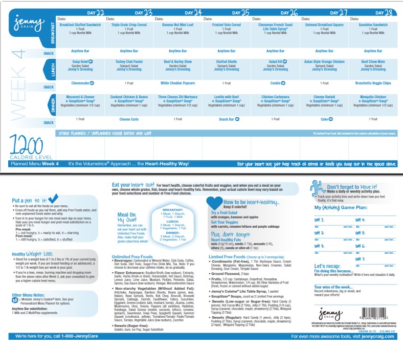 Jenny Craig 1200 Calorie Menu Week 4 United States