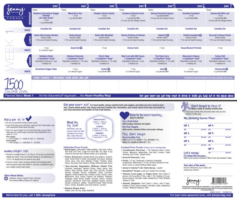 Jenny Craig 1500 Calorie Menu Week 1-Canada