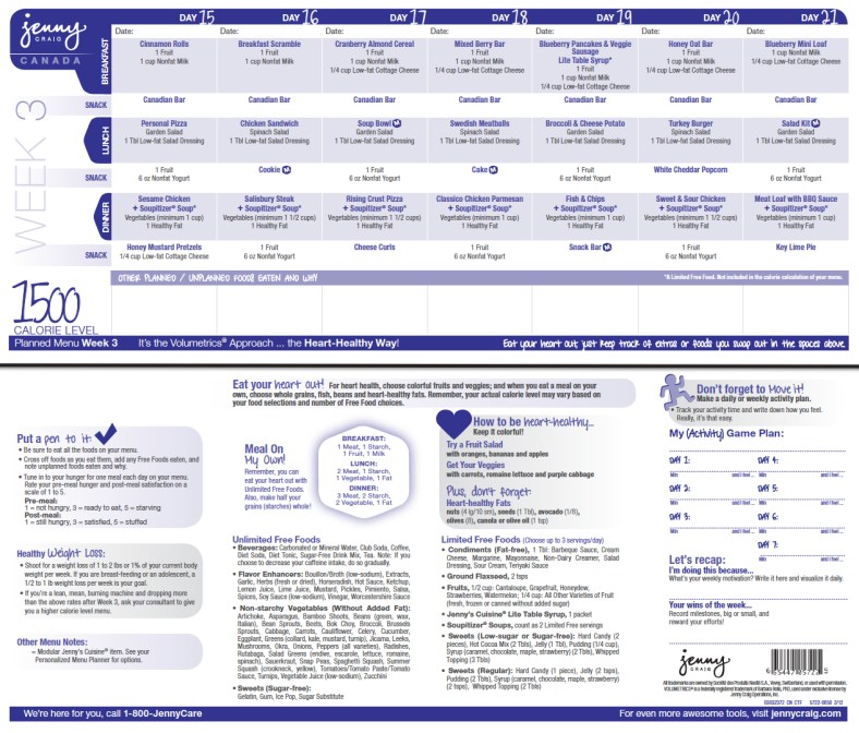 Jenny Craig 1500 Calorie Menu Week 3-Canada
