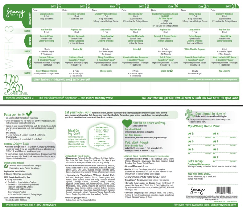 Jenny Craig 1700-2300 Calorie Menu Week 3