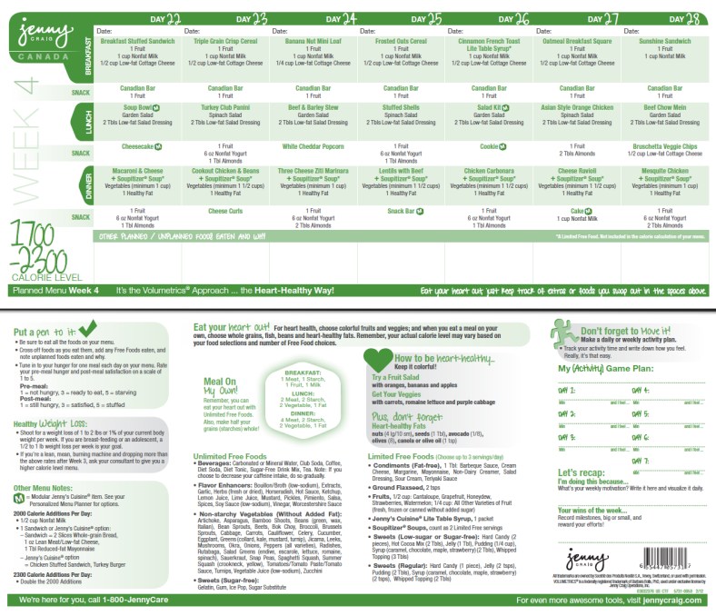Jenny Craig 1700-2300 Calorie Menu Week 4 - Canada